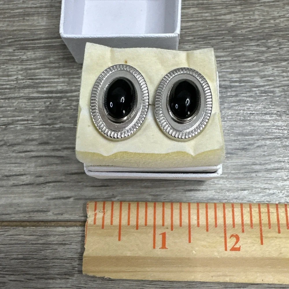 Vtg Estate Silver‎ Tone ANSON Black Lucite Center Stone Oval Dress Cufflinks